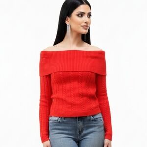 Women's Off-Shoulder Red Cable Knit Sweater Extra Small